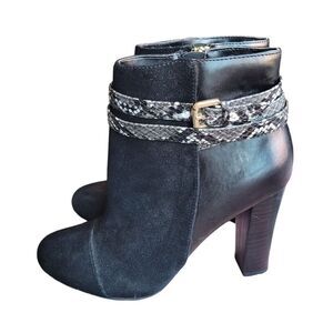 NWOB IMAN Black Suede & Leather Snake Skin Buckle Side Zip Heel Booties Size 10M